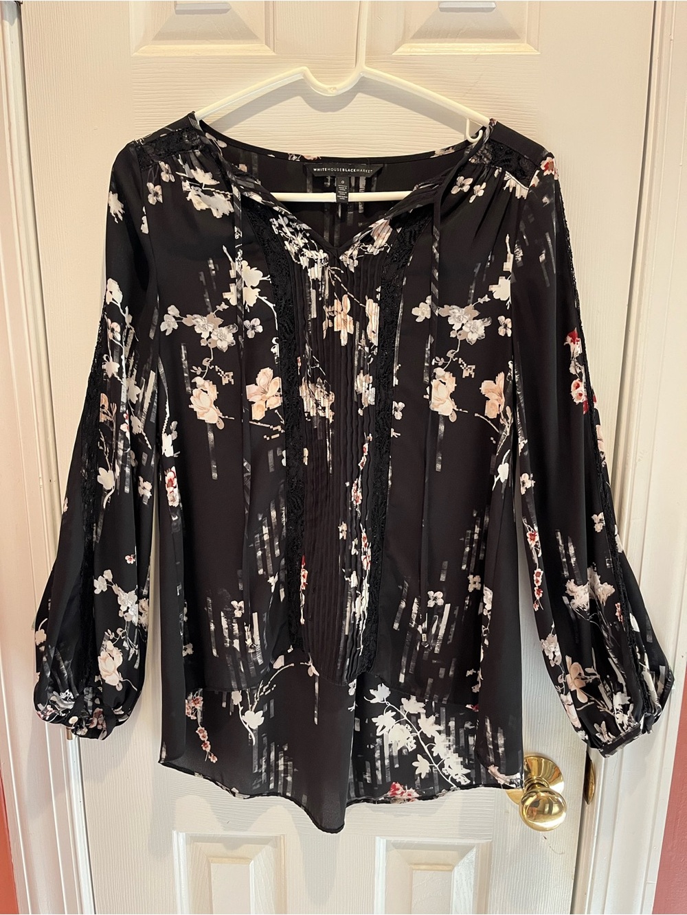 White House Black Market Black Blouse with Floral Print Size 0